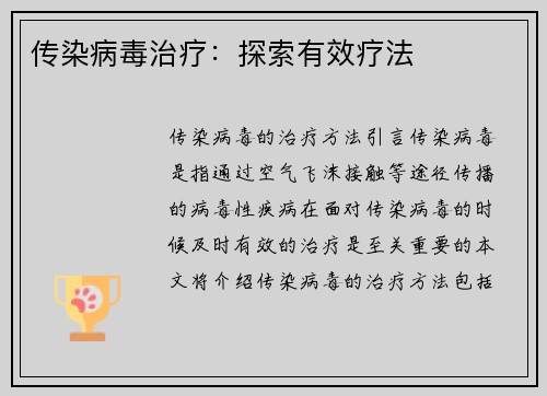 传染病毒治疗：探索有效疗法